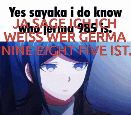 a poster that says yes sayaka i do know jasage ich who i am 985 is weiss wer germa nine eight five ist.