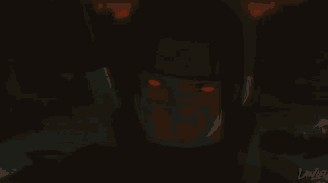 a close up of a person 's face with red eyes and the letters lawliet on the bottom