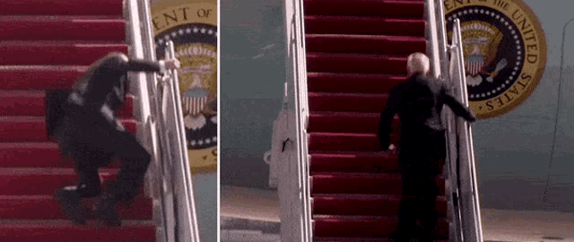a man climbs a set of stairs in front of a seal that says united states