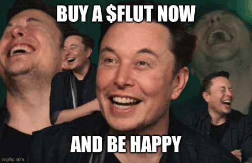elon musk is laughing with a meme that says buy a $ flut now and be happy
