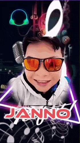 a man wearing sunglasses and headphones with the name janno on the bottom