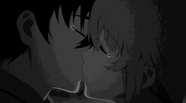 a black and white drawing of a man and woman kissing with tears coming out of their eyes