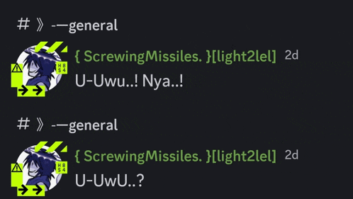 a screenshot of a text conversation between general and screwingmissiles