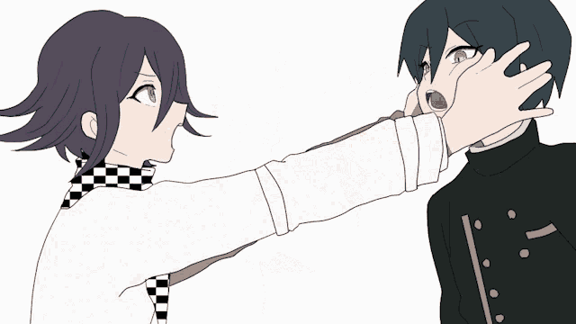 a drawing of two anime characters with purple hair and black hair