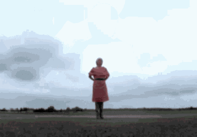 a woman in a red dress stands in a field with her hands on her hips