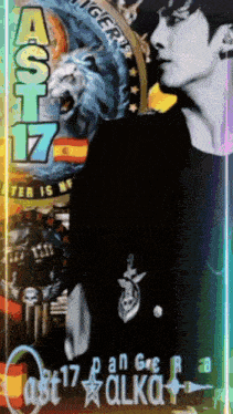 a man is standing in front of a sign that says ast 17 on it