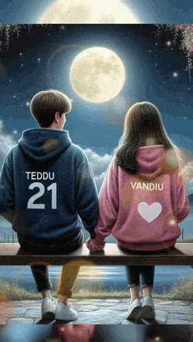 a boy and a girl are holding hands while sitting on a bench