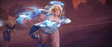 a woman with a blue halo on her head is holding a lightning bolt