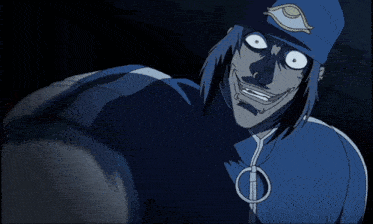 a cartoon character in a blue cape with a skull on his head