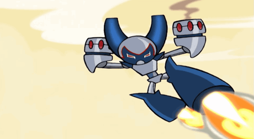 a cartoon drawing of a robot with a flame coming out of its feet