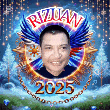 a picture of a man in a circle with the year 2025 on it