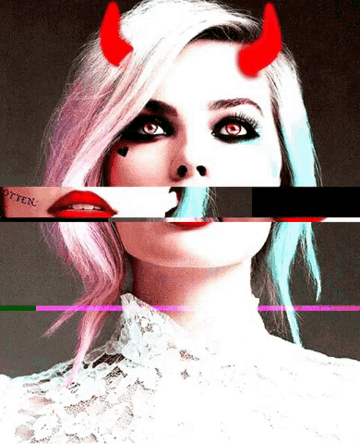 a woman with devil horns on her head has a tattoo that says " otten "
