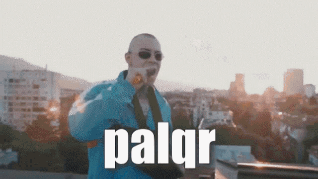 a man wearing sunglasses and a blue jacket is holding a banana and the word palor is above him