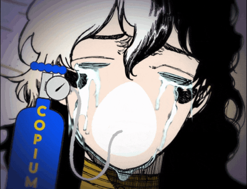 a drawing of a person crying with a bottle of copium behind them