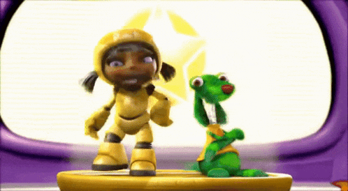 a girl in a yellow robot outfit stands next to a green dinosaur
