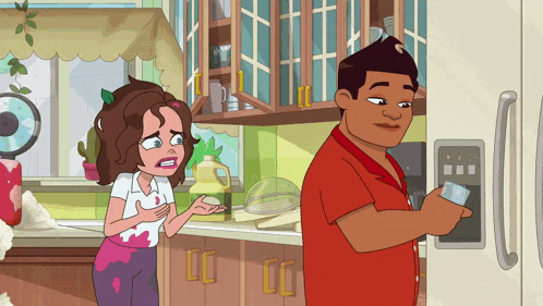 a cartoon of a man and a woman standing next to each other in a kitchen