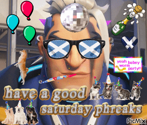 a man wearing sunglasses and a disco ball says have a good saturday phreak