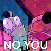 a cartoon character says `` no you '' in front of a purple background .