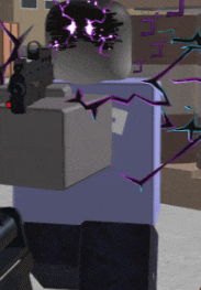 a cartoon character with a gun and purple lightning