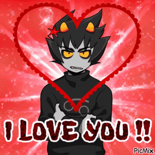 a cartoon character says i love you in front of a red heart