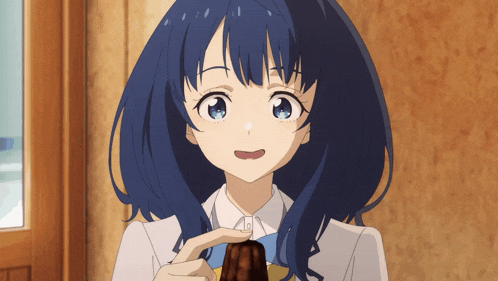 a girl with blue hair is holding a piece of cake in her hand