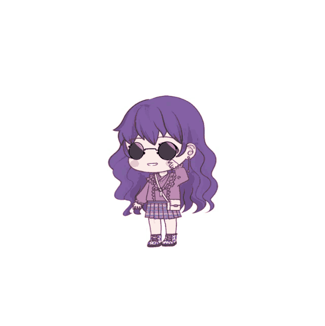a cartoon of a girl with purple hair wearing sunglasses and a plaid skirt
