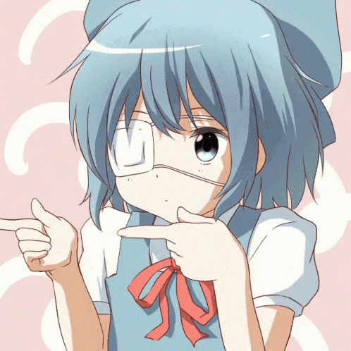 a girl with blue hair and a bandage on her eye pointing