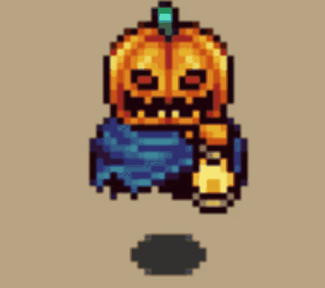 a pixel art of a pumpkin with a blue cape on