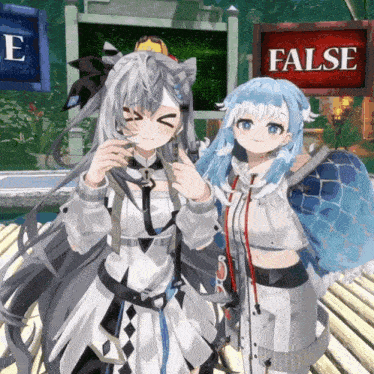 two anime girls standing in front of a sign that says " false "