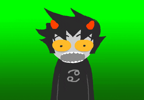 a cartoon character with orange eyes and a black shirt that says ' r ' on it