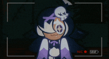 a cartoon of a girl with a skull on her head is being recorded by a camera
