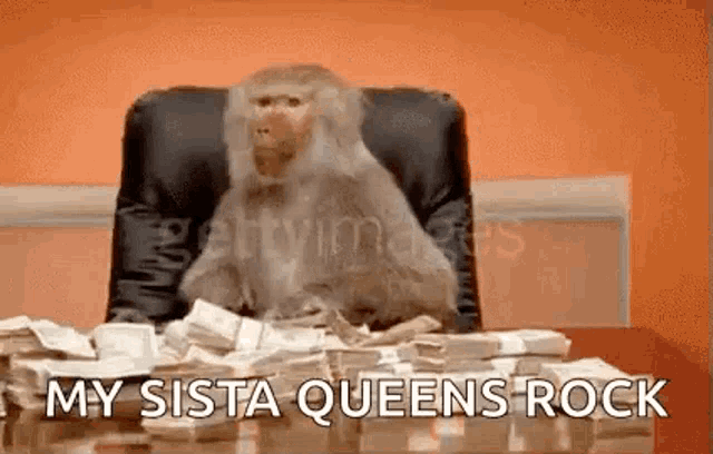 a monkey is sitting at a table with a bunch of money .