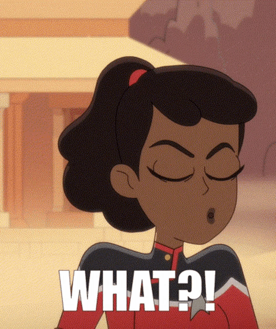 a cartoon girl is making a funny face and the words what ? are above her .