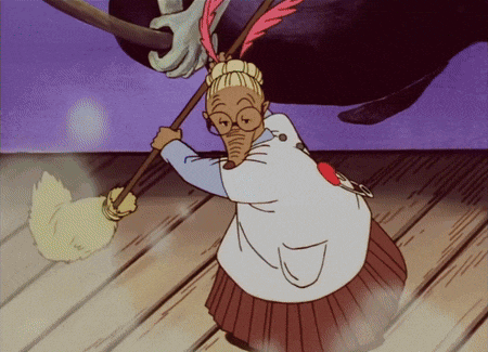 a cartoon drawing of a woman holding a broom with a cat on her back