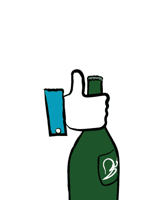 a drawing of a hand giving a thumbs up over a bottle