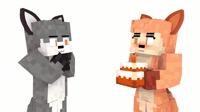 a fox is holding a cake with a heart on it while a wolf looks on