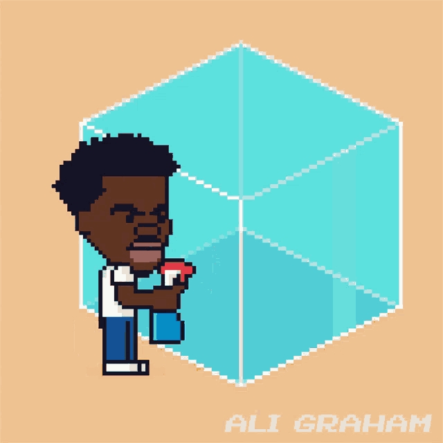 a pixel art drawing of ali graham holding a basketball