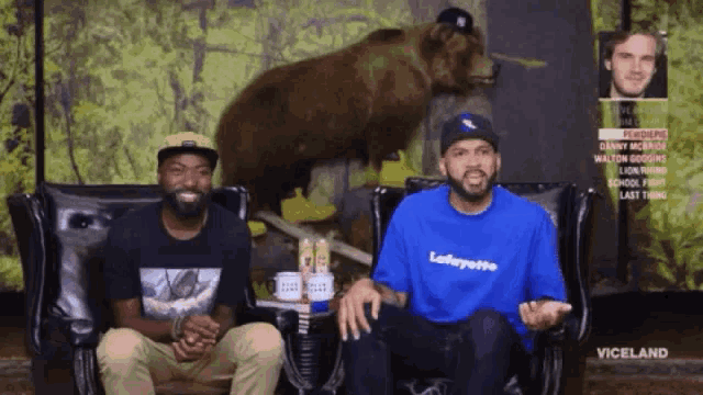 two men are sitting in chairs in front of a bear and a sign that says viceland on it