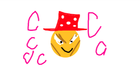 a drawing of a smiley face wearing a red top hat with the letters c and a surrounding it