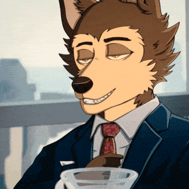 a cartoon of a wolf in a suit and tie holding a martini glass