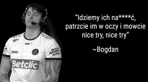 a man wearing headphones and a betclic shirt with a quote from bogdan .
