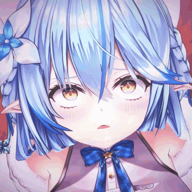 a close up of a blue haired anime character