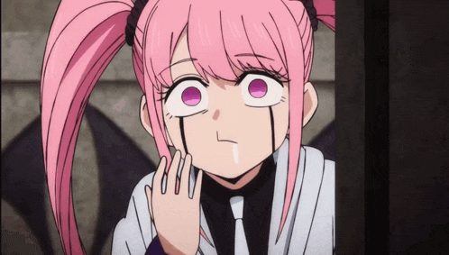 a girl with pink hair and purple eyes is making a sad face