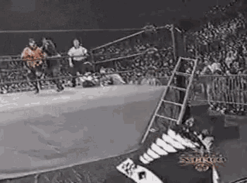 a black and white photo of a wrestling match .