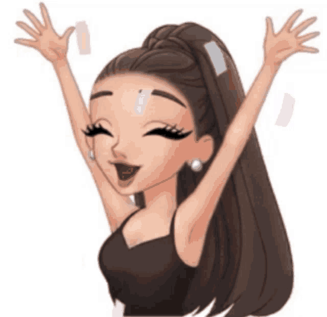 a cartoon of ariana grande with her arms in the air .