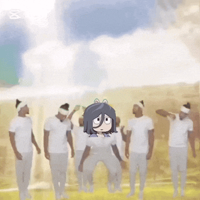 a group of men in white shirts are dancing in a field with a cartoon character in the middle