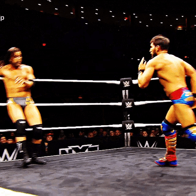 two men are wrestling in a ring with the letter w on the ring