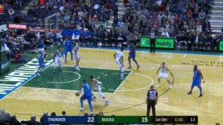 a basketball game between the thunder and the bucks is going on
