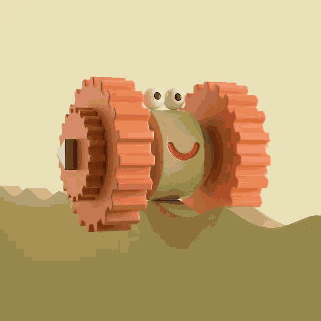 a cartoon drawing of a gear with a sad face