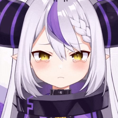 a close up of a cartoon character with purple hair